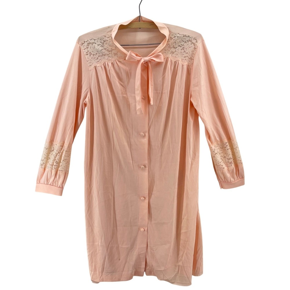 Vintage Nightgown Peignoir Lace Bow L Peach Bow Negligee Coquette Pastel Drape